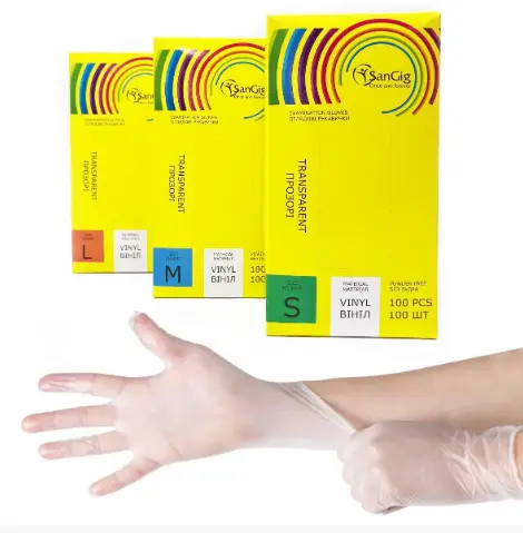 SanGig / Рукавички вінілові / прозорі / 100 шт/уп