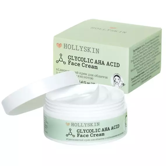 Hollyskin / Відновлювальний крем для обличчя з гліколевою кислотою Glycolic AHA Acid Face Cream / 50 мл